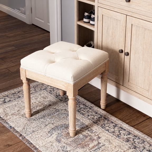 Lisonu Square Upholstered Ottoman Bench 15.75" x 15.75" x 15.75" – Small Padded Vanity Stool & Entryway Seat, Tufted Linen-Poly Blend Memory Foam Cushion, Solid Rubber Wood Legs, Beige Accent