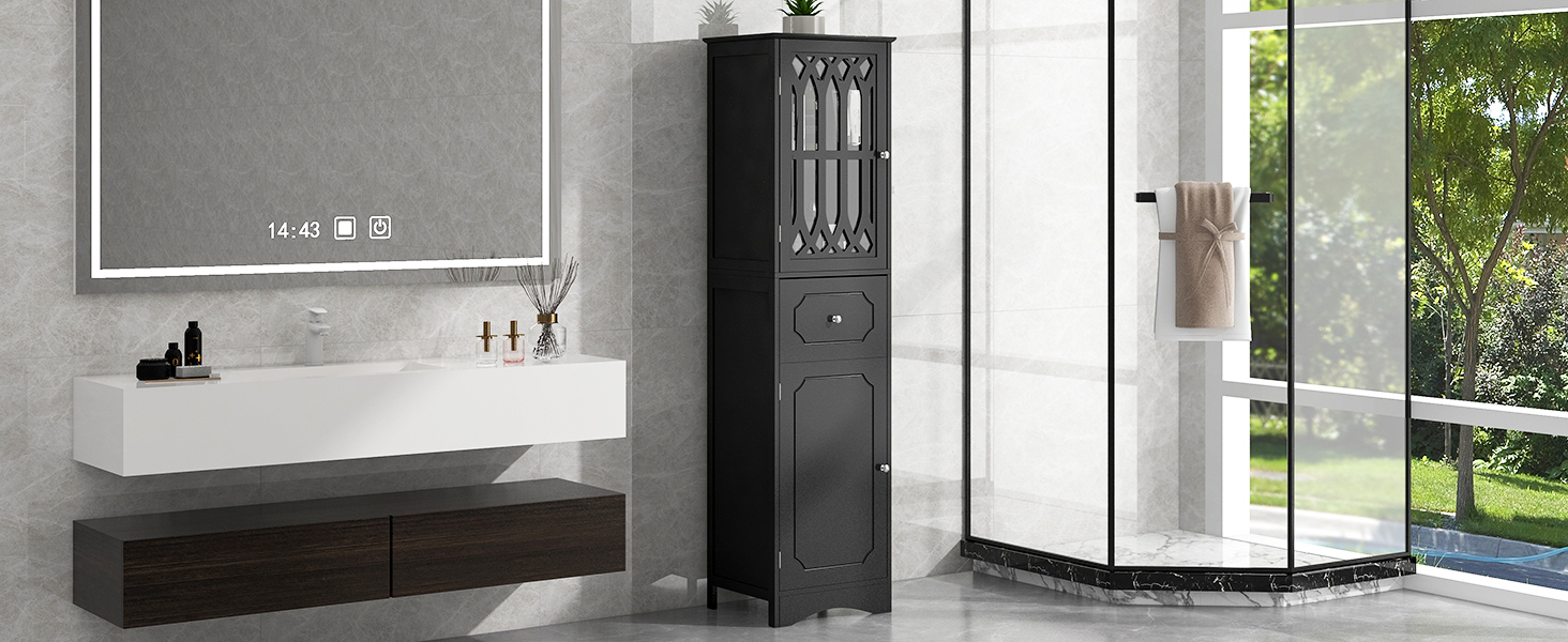 Lisonu Tall Black Bathroom Storage Cabinet, Freestanding MDF Linen ...