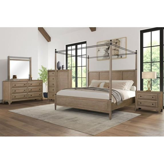 Lisonu Transitional Queen Canopy Bed, Solid Wood & MDF Four-Poster Bed Frame with Panel Headboard, Warm Sand Finish for Bedroom