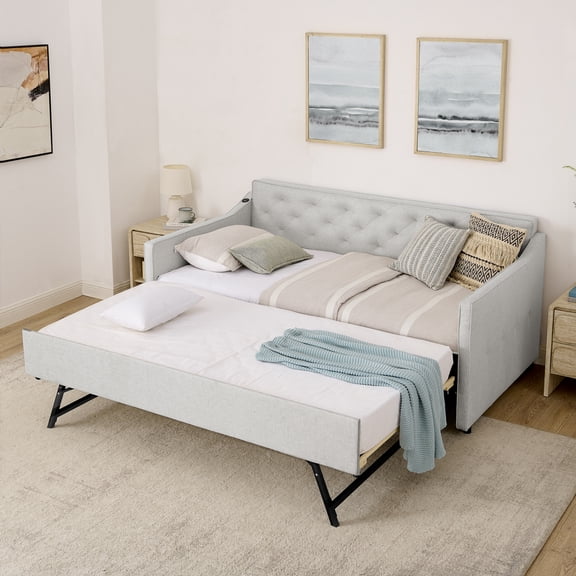 Lisonu Twin Daybed with Pop-Up Trundle & USB Charging - Linen Upholstered Button Tufted Mid-Century Daybed, Twin Sleeper 75x39, Overall 81x45x33.5, 300 lb Capacity
