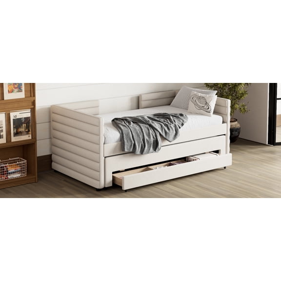 Lisonu Twin Daybed with Trundle and Drawers, 3-in-1 Upholstered Linen Sofa Bed, Space-Saving Design for Living Room or Apartment, Beige