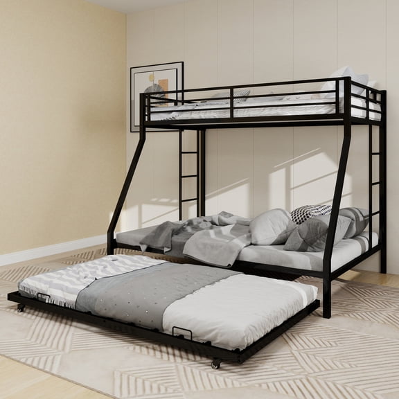 Lisonu Twin Over Full Bunk Bed with Trundle, Black Metal 3-Sleeper Frame for Guest Rooms & Vacation Rentals, Space-Saving Design, No Box Spring Needed