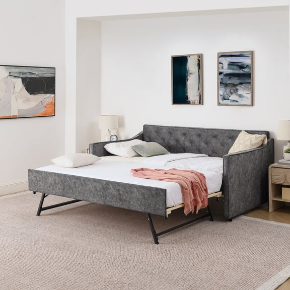 Lisonu Twin Size Upholstered Daybed with Trundle & USB Charging Port, Modern Grey Velvet Sofa Bed, Space Saving Guest Bed for Bedroom & Living Room
