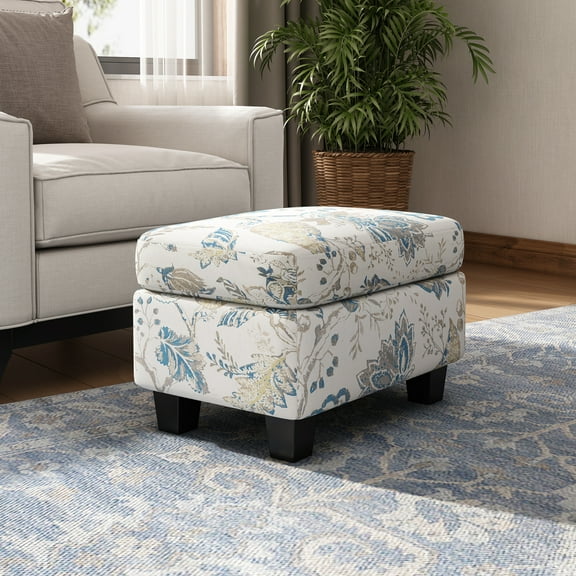 Lisonu Upholstered Ottoman, Beige & Blue Floral Fabric Footstool - Contemporary Accent Seat for Living Room & Bedroom with Turned Birch Wood Legs, 24.21 x 17.52 x 15.75 in