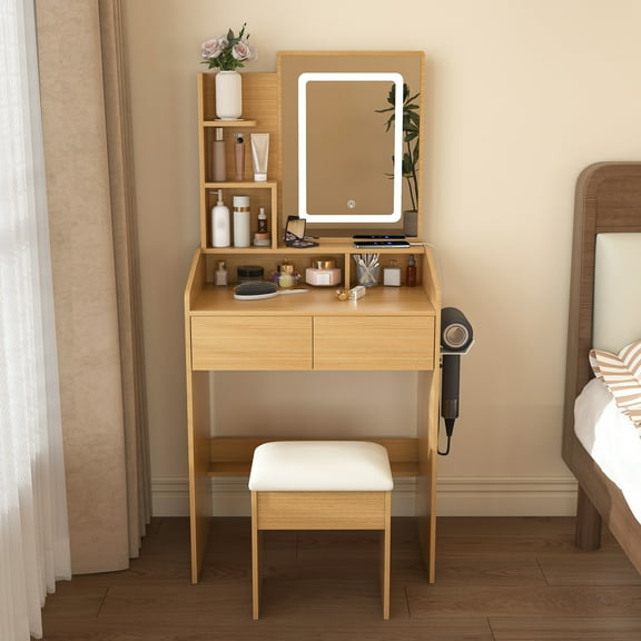 Lisonu Vanity Table with Lighted Mirror, Power Outlet & Stool, MDF Wood Dressing Desk with Hairdryer Holder & 2 Drawers for Small Bedroom, Natural Wood Finish