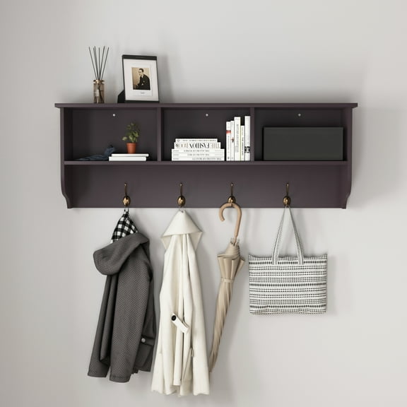 Lisonu Wall Mounted Coat Rack with Shelf, Entryway Organizer with 4 Dual Hooks & 3 Cubbies, Modern MDF Storage Shelf for Hallway or Living Room, Espresso