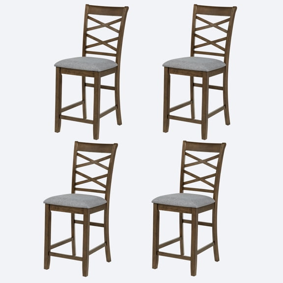 Lisonu Walnut Counter Height Dining Chairs Set of 4 - Upholstered Padded Seat, Cross Back Wooden Kitchen Stools with Footrest & Non-Slip Pads, Rubberwood Linen, 330 lb Capacity