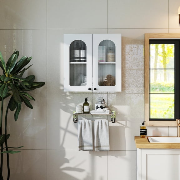 Lisonu White Arched Glass Wall Cabinet — 24 in Floating Display Cabinet with Glass Door for Living Room Kitchen Bathroom, Fixed Shelves, Melamine Particle Board & MDF