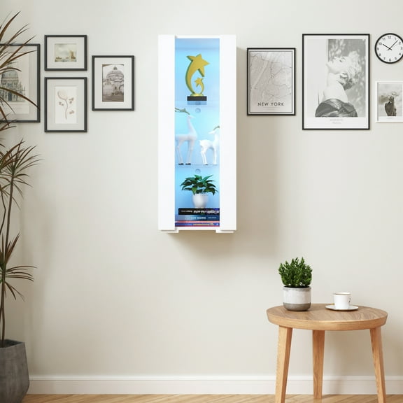 Lisonu White Display Cabinet with LED Lights, Wall-Mounted or Freestanding Storage Cabinet with Glass Shelves, High-Gloss Sideboard for Living Room