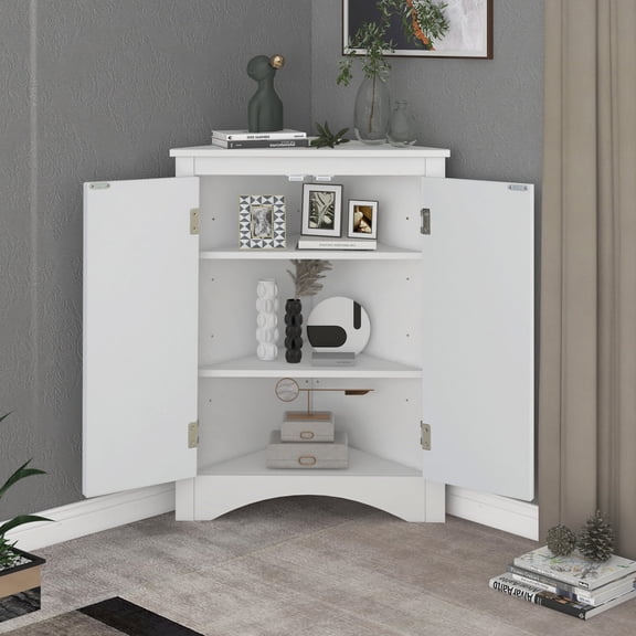 Lisonu White Triangle Corner Bathroom Storage Cabinet, Freestanding MDF Floor Cabinet with Adjustable Shelves for Kitchen, Modern Organizer, 31.5 Inch