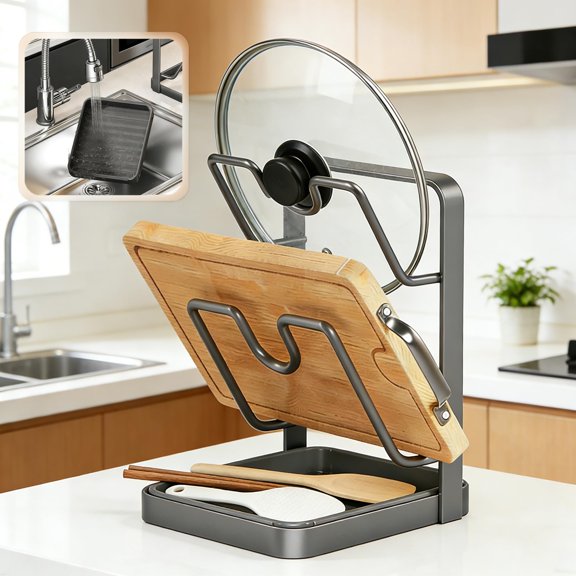 Lispin Kitchen Pot Lid Storage Rack, Pot Lid Holder With Tray, Lid Holder While Cooking, Lid And Spoon Rest, Multifunctional Kitchen Organizer Stand for Stove Top (Gray, Double-layer) A101