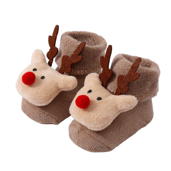 Lispipm 0-1Y Infant Baby Christmas Socks Fleece Lined Non Slip Winter Warm Crib Footwear Toddler First Walking Slippers Brown 0-1 Years