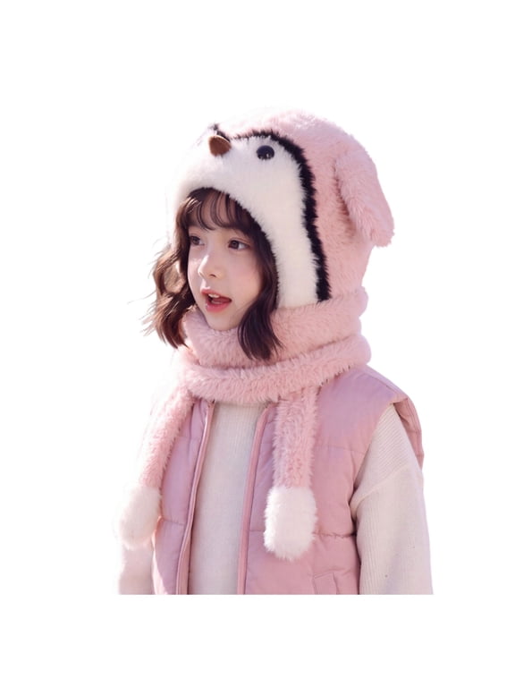 1 Piece Kids Penguin Plush Hat and Scarf Winter Hooded Scarfs Warm Cute Cover Hats for Toddler Boys and Girls