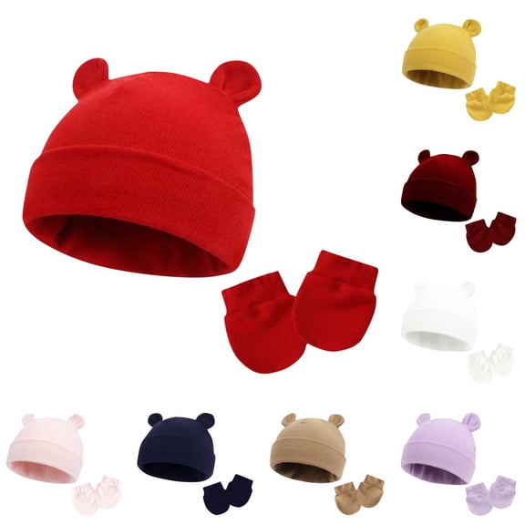 Lispipm 2pcs Baby Beenie and Glove Set Winter Soft Stretchy Cotton Hats and Mittens Outfit for Newborn Girls Boys Brown 0-6 Months