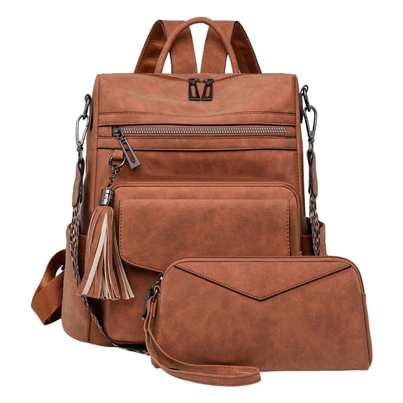 Lispipm 2pcs Leather Backpack for Women Men Soft Retro Travel Top Handle Crossbody Daypack Large Capacity Tassel Multiple Zip Daily Bags Orange