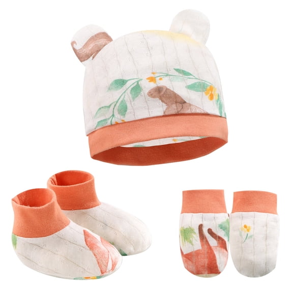 Lispipm 3 Pcs Newborn Baby Set Bear Ears Hat Non Slip Socks Scratch Mittens Cotton Bean1e Cap Booties Set for Infant Boy Girl Orange