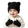 thumbnail image 1 of Lispipm Baby 2 Piece Bear Ear Beenie Hat and Mittens Stretchy Warm Winter Accessory Infant Toddler Kids Indoor Outdoor Knit Set Black 6-36 Months, 1 of 6