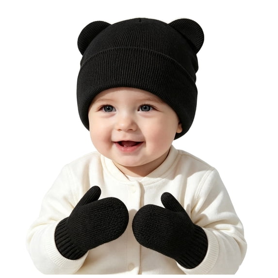 Lispipm Baby 2 Piece Bear Ear Beenie Hat and Mittens Stretchy Warm Winter Accessory Infant Toddler Kids Indoor Outdoor Knit Set Black 6-36 Months