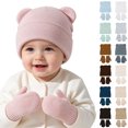 thumbnail image 1 of Lispipm Baby 2 Piece Bear Ear Beenie Hat and Mittens Stretchy Warm Winter Accessory Infant Toddler Kids Indoor Outdoor Knit Set Red 6-36 Months, 1 of 6