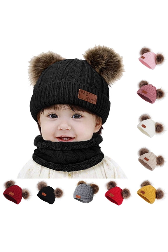 Baby Beenie Hat Double Pompom Winter Knitted Toddler Boys Girls Hats Cute Cozy Infant Warm Caps Black