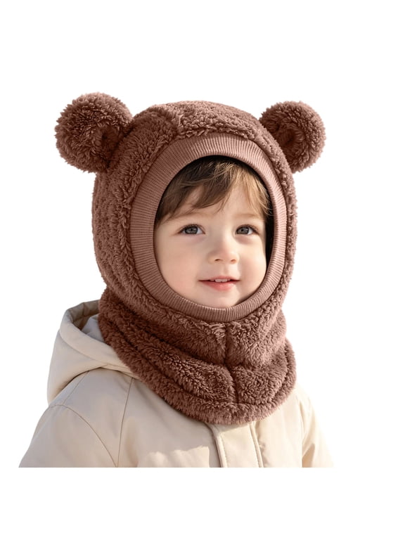 Baby Fuzzy Bear Ear Balaclavas Hood Boys and Girls Winter Warm Neck Cover Hats Little Kid Outdoor Sport Accessory Brown 6-36 Months
