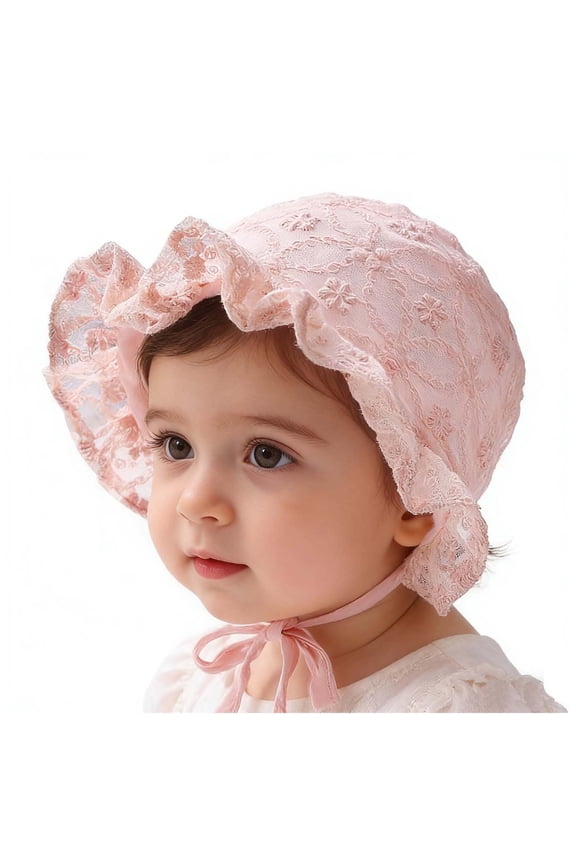 Baby Girl Lacy Bonnet for Summer Vacation Eyelet Cotton Breathable Sun Hats Embroidery Flower Ruffle Caps Pink 0-6 Months