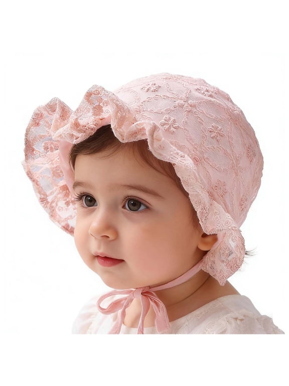 Baby Girl Lacy Bonnet for Summer Vacation Eyelet Cotton Breathable Sun Hats Embroidery Flower Ruffle Caps Pink 0-6 Months