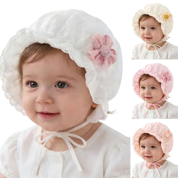 Lispipm Baby Girls Bonnet Infant Toddler Lace Sun Hat Adjustable Strappy Summer Outdoor Hats Flower Soft Cotton Caps Beige 1-12 Months