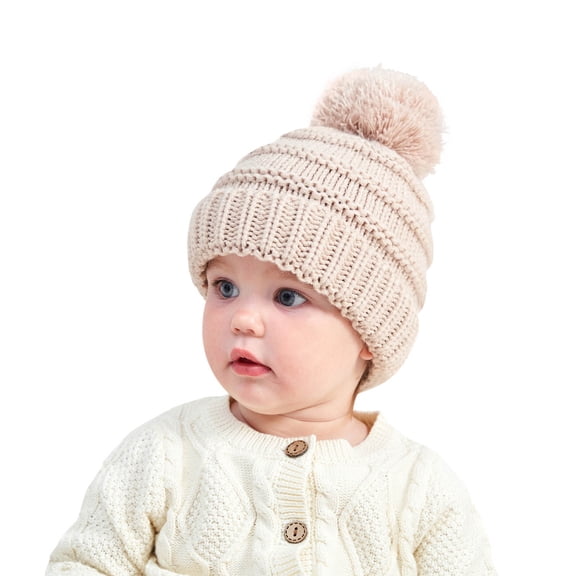 Lispipm Baby Pompom Beenie Windproof Soft Knit Infant Winter Hat Boys and Girls Newborn Warm Cap for Cold Weather Brown