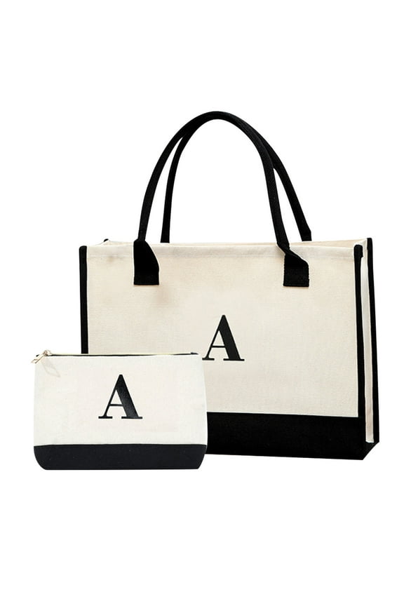 Canvas Laptop Tote Bags Monogram Initial Handbags Lightweight Large Capacity Shoulder Purses for Holiday Gift Pockets White A