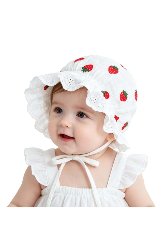 Cotton Muslin Bonnet for Baby Girl Retro Lace Ruffle Caps Infant Outdoor Casual Strappy Hat with Strawberry Pattern Red 0-2 Years