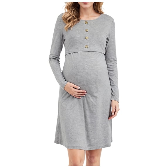 Lispipm Crew Neck Dress for Women Cotton Stretchy Long Sleeve Button Maternity Midi Skirt Spring Fall Pregnancy Clothes Grey L