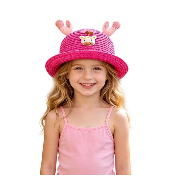 Lispipm Girls Straw Sun Hat Cartoon Antlers Vacation Caps Summer Bucket Hats Kids Outdoor Camping Cap with Foldable Short Brim Pink 1-4 Years