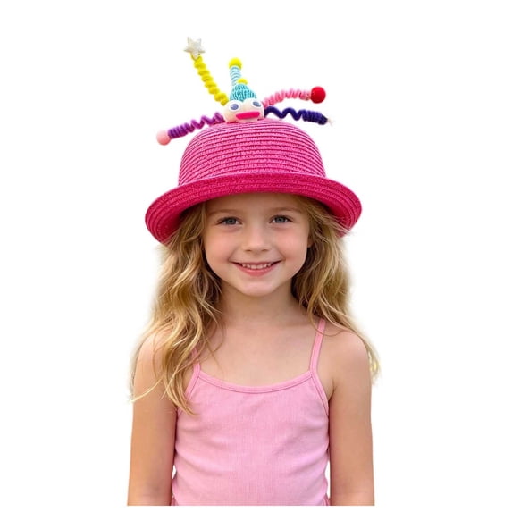 Lispipm Girls Straw Sun Hat Cartoon Antlers Vacation Caps Summer Bucket Hats Kids Outdoor Camping Cap with Foldable Short Brim Pink 1-4 Years