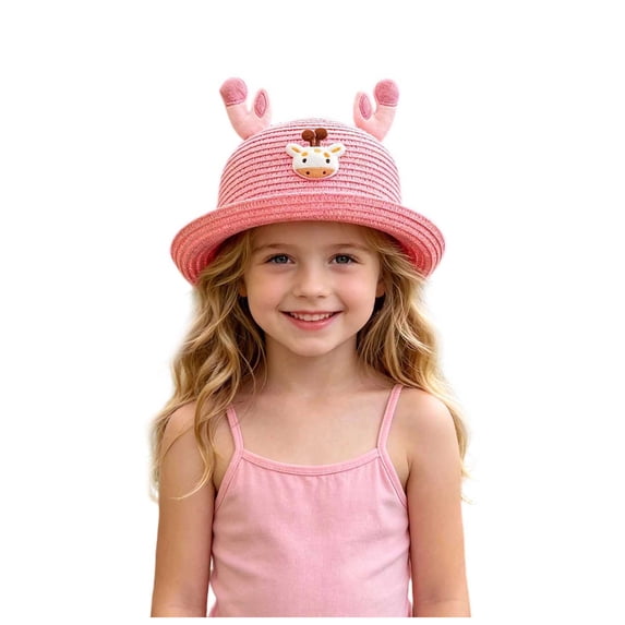 Lispipm Girls Straw Sun Hat Cartoon Antlers Vacation Caps Summer Bucket Hats Kids Outdoor Camping Cap with Foldable Short Brim Red 1-4 Years