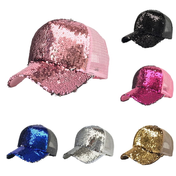 Lispipm Glitter Sequin Baseball Cap Adjustable Party Hats Summer Outdoor Trucker Hat Ladies Trendy Ponytail Opening Caps Black