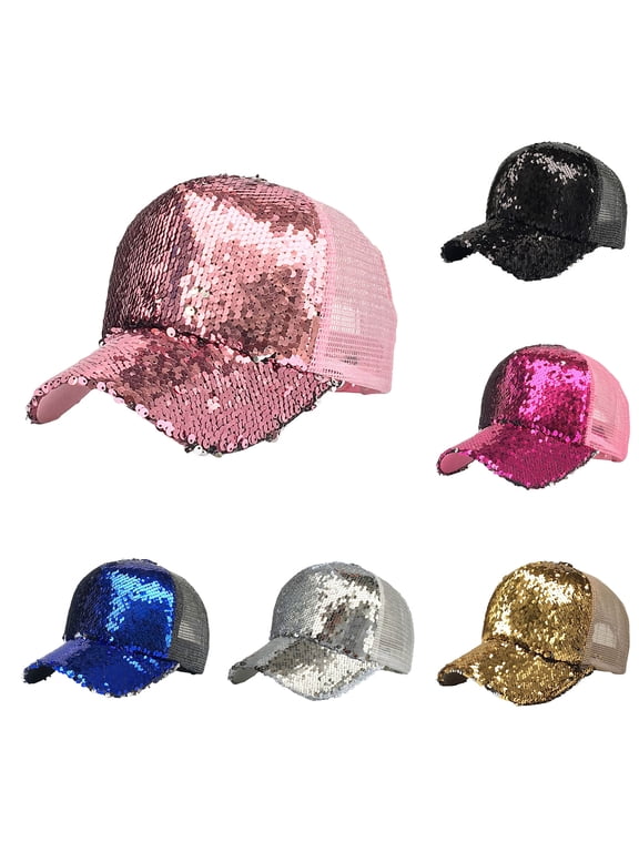Glitter Sequin Baseball Cap Adjustable Party Hats Summer Outdoor Trucker Hat Ladies Trendy Ponytail Opening Caps Black