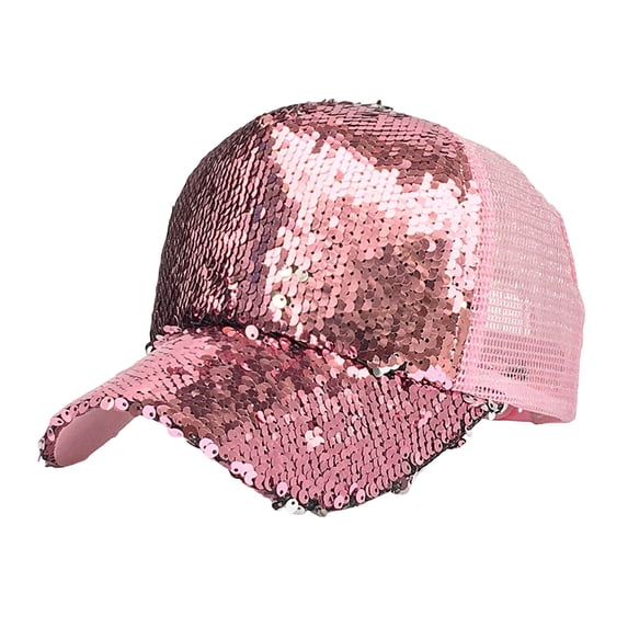 Lispipm Glitter Sequin Baseball Cap Adjustable Party Hats Summer Outdoor Trucker Hat Ladies Trendy Ponytail Opening Caps Pink