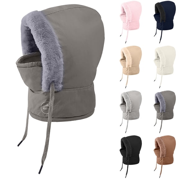 Lispipm Hat and Scarf Set for Childeren Winter Plush Face and Ear Cover One Piece Skiing Neck Scarf with Drawstring Black