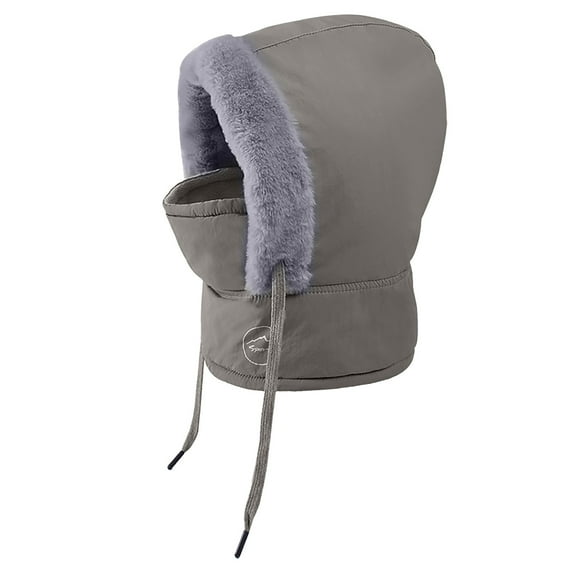 Lispipm Hat and Scarf Set for Childeren Winter Plush Face and Ear Cover One Piece Skiing Neck Scarf with Drawstring Grey