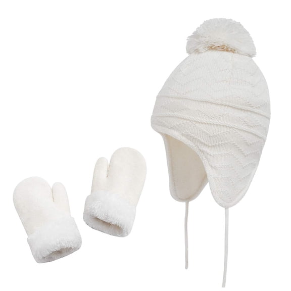 Lispipm Hats and Gloves Set for Kids Toddler Warm Earflap Beenie Windproof Fleece Knitted Hats Mittens for Cold Weather White S