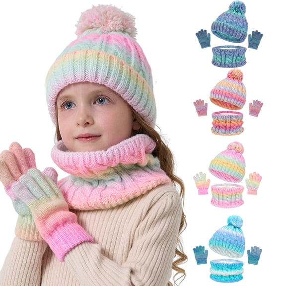 Lispipm Kids Beenie Scarf Gloves Set Winter Ski Knitted Mittens for Toddler Cute Pompom Hat for Snowy Outdoor Blue