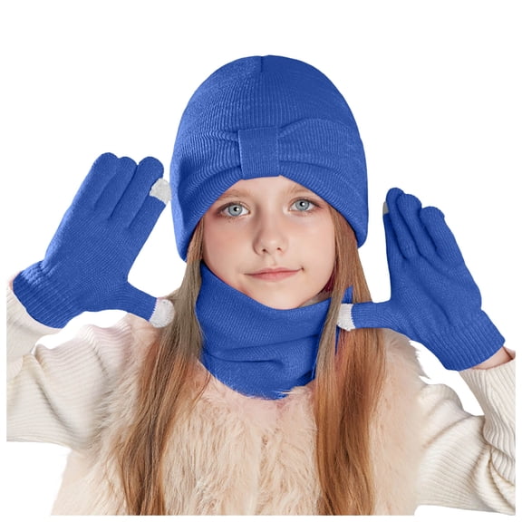 Lispipm Kids Hats Gloves Scarfs Set for Childens Gifts Winter Warm Knitted Windproof Sets Thick Cuffed Cap and Mittens Blue