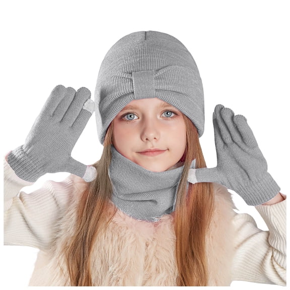 Lispipm Kids Hats Gloves Scarfs Set for Childens Gifts Winter Warm Knitted Windproof Sets Thick Cuffed Cap and Mittens Grey