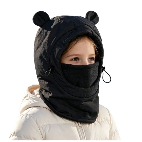 Lispipm Kids Ski Balaclavas for Boys Girl Cute Bear Ears Adjustable Warm Hood Neck Gaiter Toddler Windproof Skiing Sports Hat Black 4-9 Years