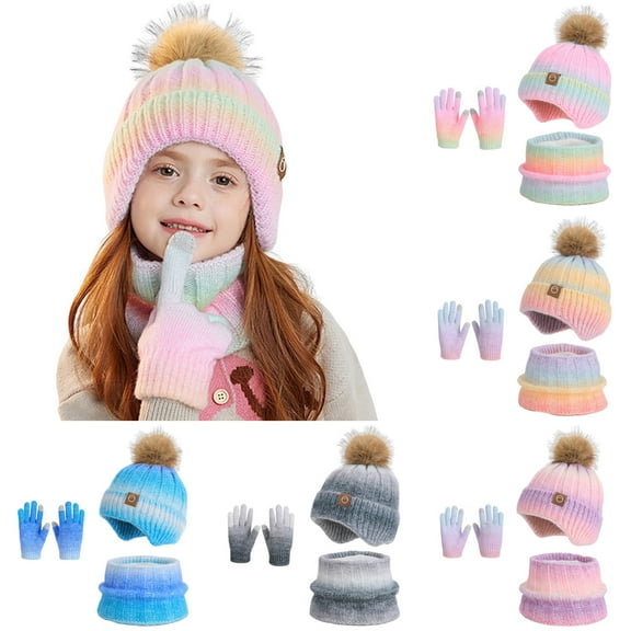 Lispipm Kids Winter Hat Gloves Scarf Set Knit Thick Fleece Bean1e Outdoor Neck Warmer and Mittens Gifts for Children Christmas Blue