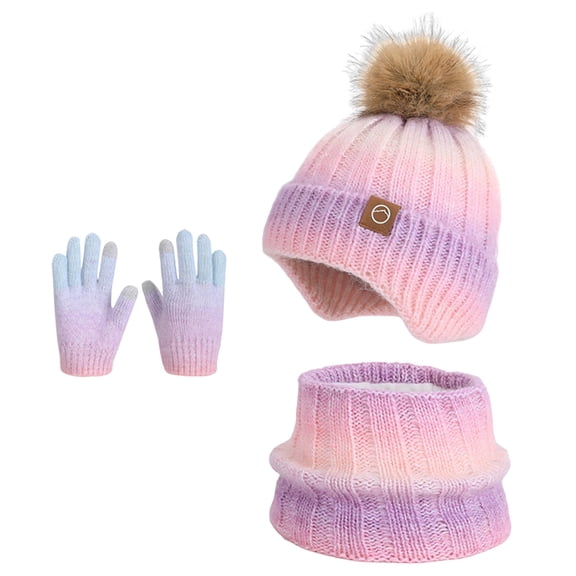 Lispipm Kids Winter Hat Gloves Scarf Set Knit Thick Fleece Bean1e Outdoor Neck Warmer and Mittens Gifts for Children Christmas Purple