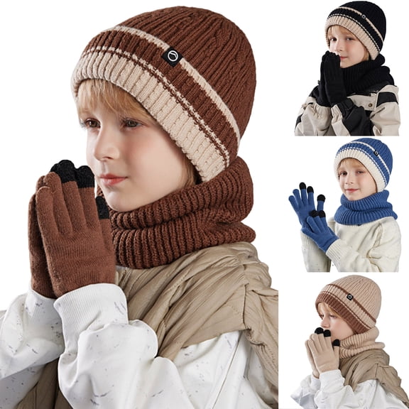 Lispipm Kids Winter Hats Gloves Scarfs Set Toddler Knit Thick Bean1e Mittens Neck Warmer Sets for School Daily Use Beige
