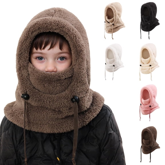 Lispipm Kids Winter Hats Windproof Ski Earflap Fleece Hood Adjustable Warm Scarf and Face Covered for Cold Weather Beige 3-10 Years