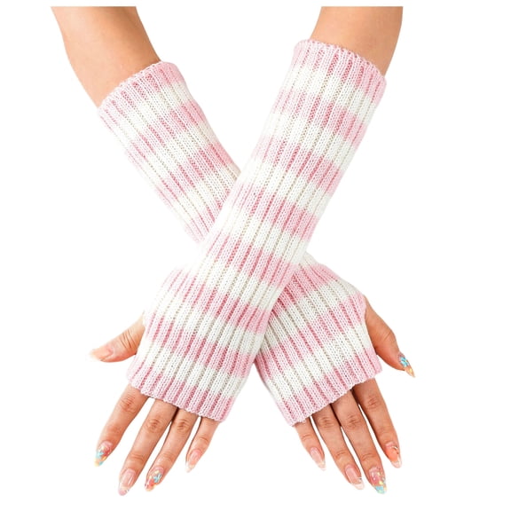 Lispipm Long Fingerless Gloves for Women Elbow Length Arm Warmers with Thumb Hole Stretch Knit Printed Striped Winter Mittens